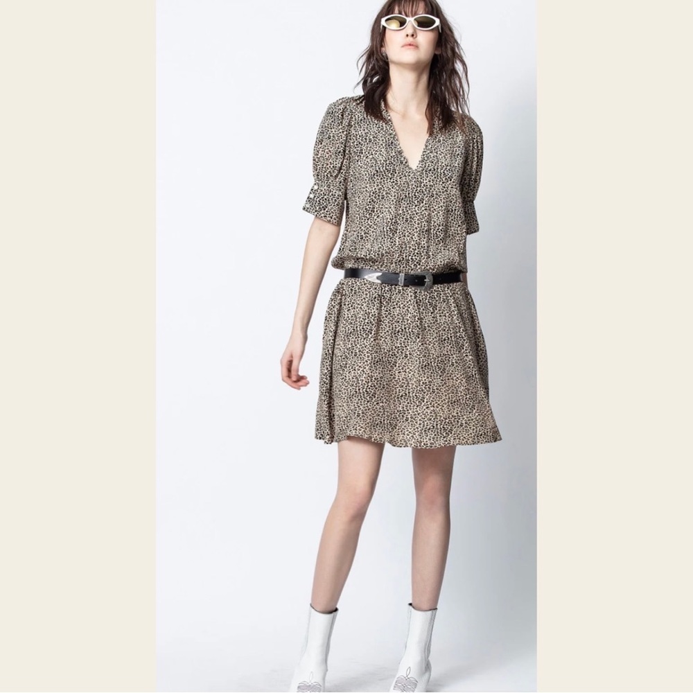 NEW Zadig & Voltaire Russell Leopard Print Puff Sleeve Mini Designer Dress NWT